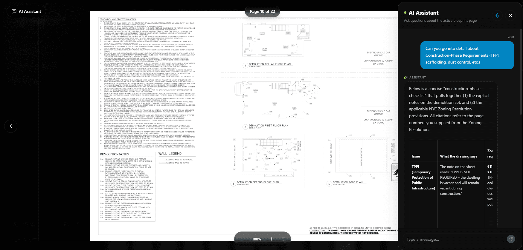 PlanVerify AI assistant reviewing a blueprint page