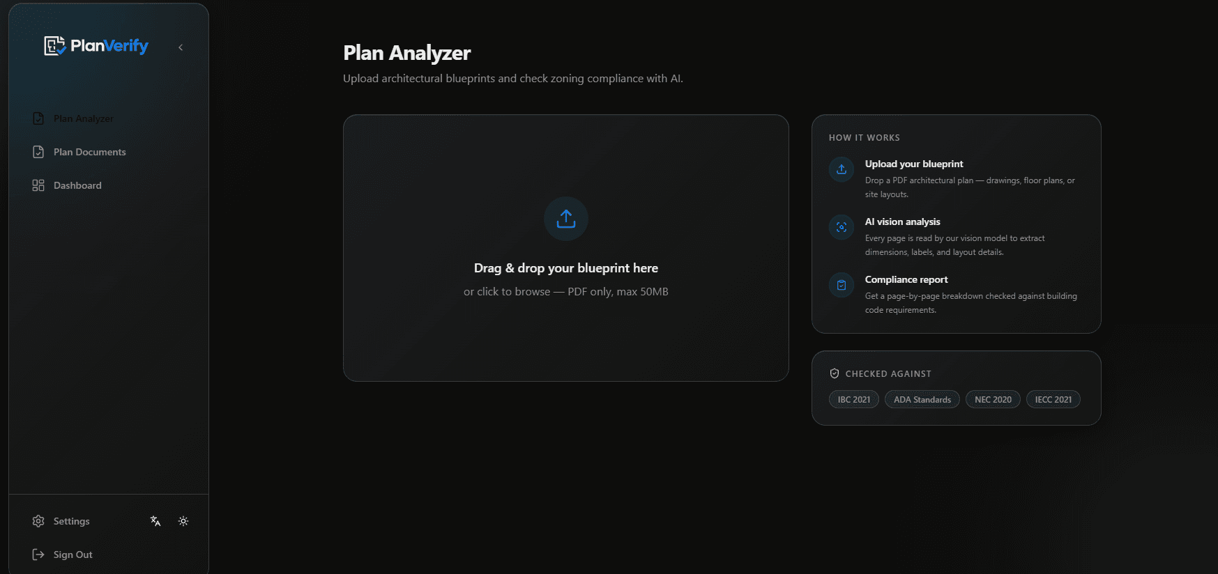 PlanVerify dark mode plan analyzer