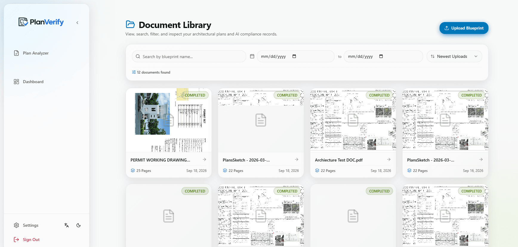 PlanVerify document library with architectural plan records